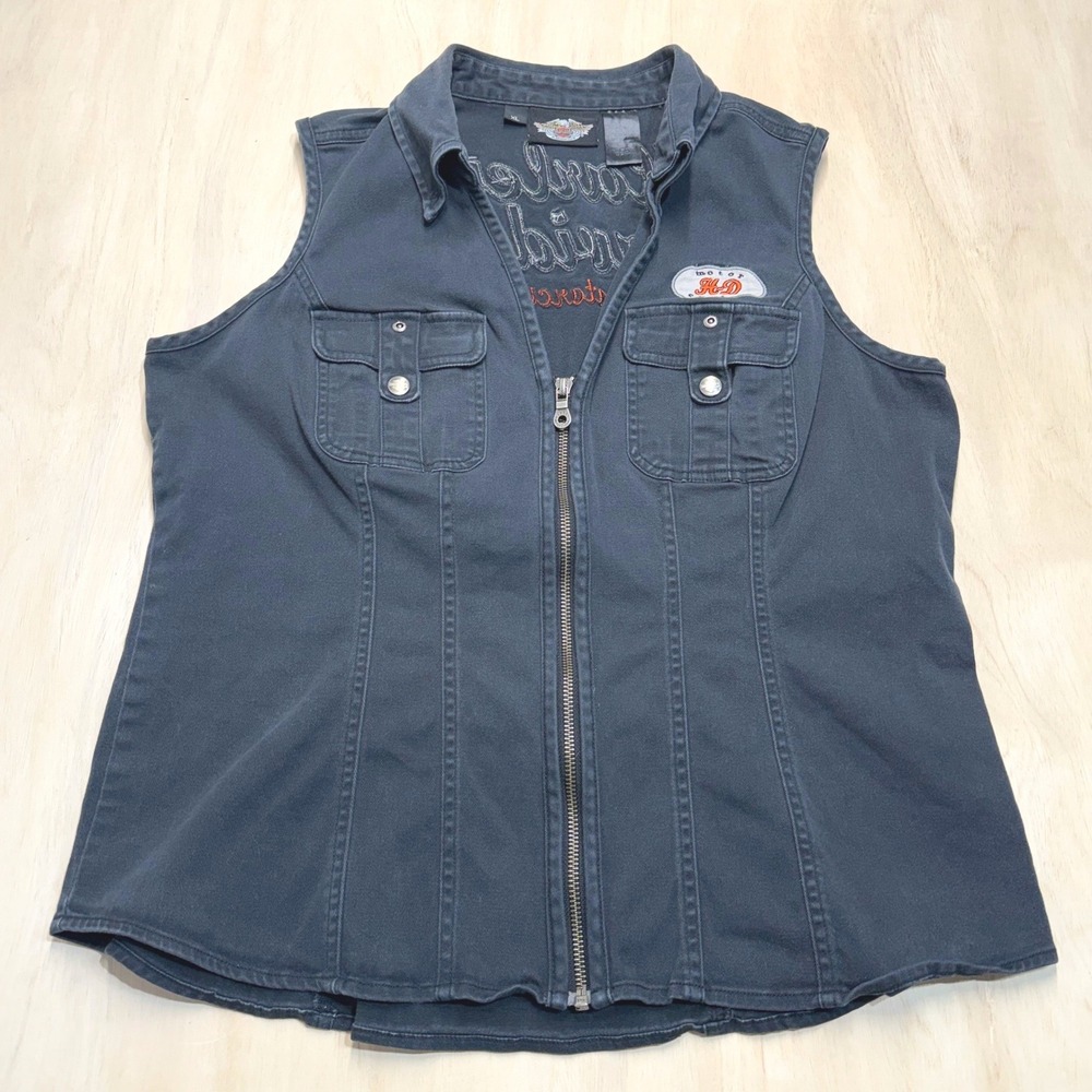 Harley Davidson Womens XL Black Embroidered Moto Vest Y2K Fitted 2009 - Picture 7 of 14